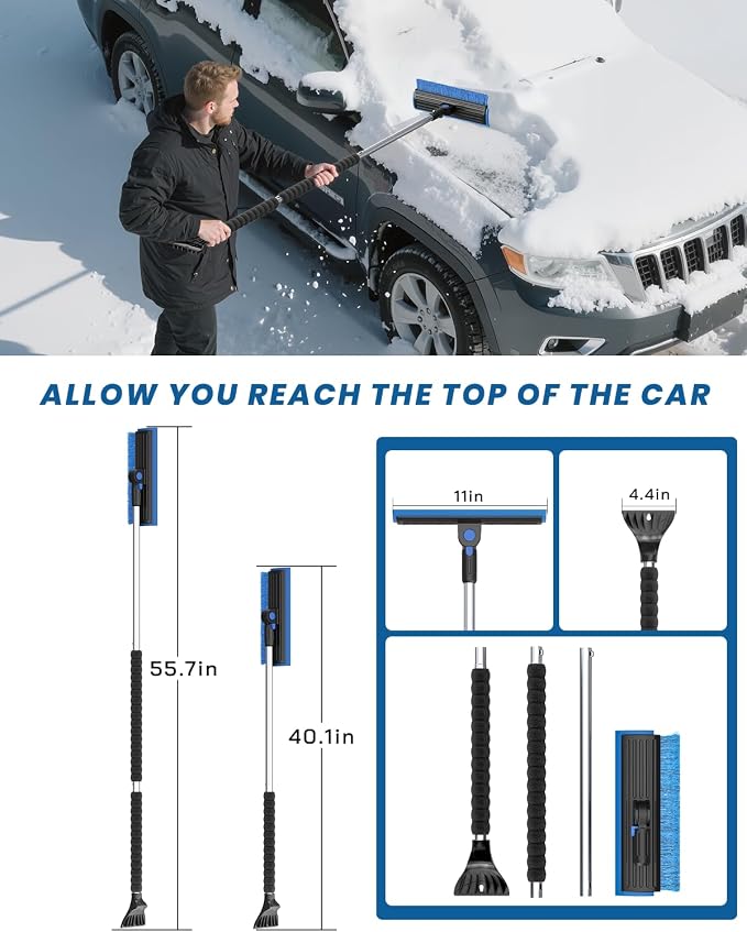 2025 Extra Long 55.7" Ice Scrapers for Car Windshield Multi-Functional Detachable Car Ice Scraper with Foam Grip and 270° Pivoting Brush Head Snow Brush for SUV Truck Auto (Blue)