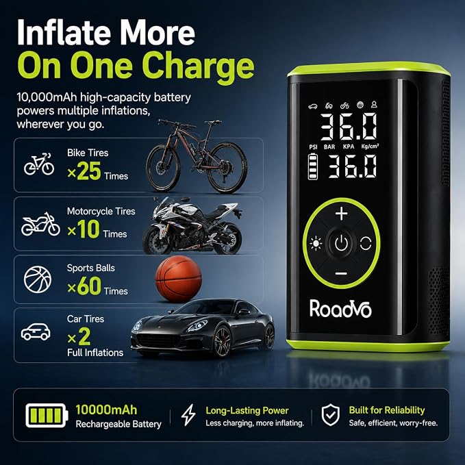 [10000mAh] Tire Inflator Portable Air Compressor - 150PSI 3X Faster Electric Cordless Air Pump for Car Tires, Bike Pump with Presta & Schrader Valves, Digital Gauge, Auto Shut-Off 2 [Pack]