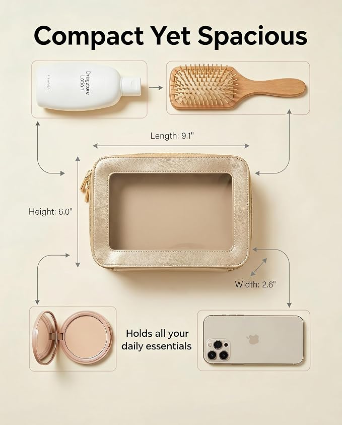 Clear Makeup Bags, TSA Approved Toiletry Bag with Zipper, Clear Makeup Organizer Fit Carry-on Travel Essentials,Clear Cosmetic Bags for Women Men (C-Gold)