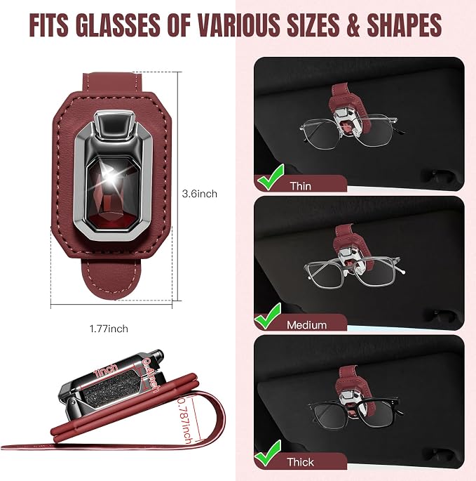 2PCS Sunglass Holder for Car Visor, Faux Leather Eyeglass Holder Clip for Car Sun Visor Organizer, Universal One Handed Operation Sun Glass Hanger, Car Interior Accessories for Women Man