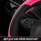Leather Steering Wheel Cover - Made with PVC Leather - Anti-Slip, Universal Fit 14 1/2 inches to 15 inches - Hot Pink