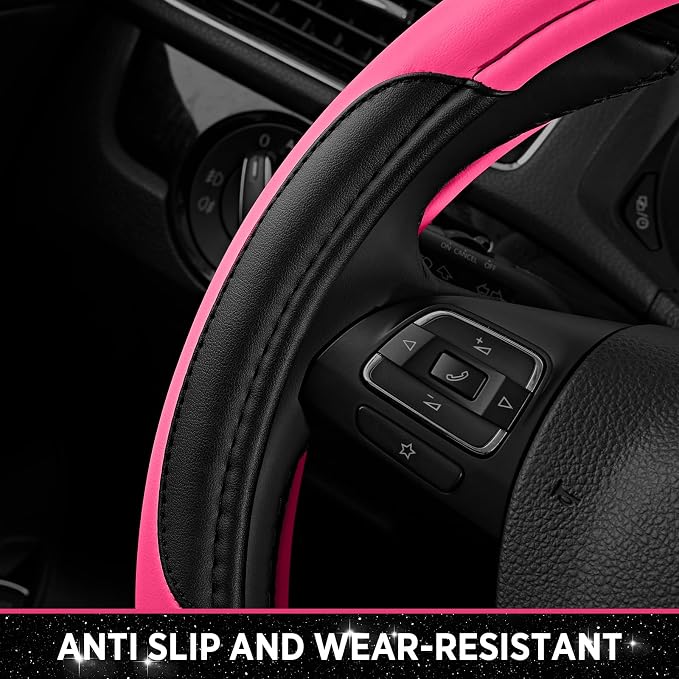 Leather Steering Wheel Cover - Made with PVC Leather - Anti-Slip, Universal Fit 14 1/2 inches to 15 inches - Hot Pink