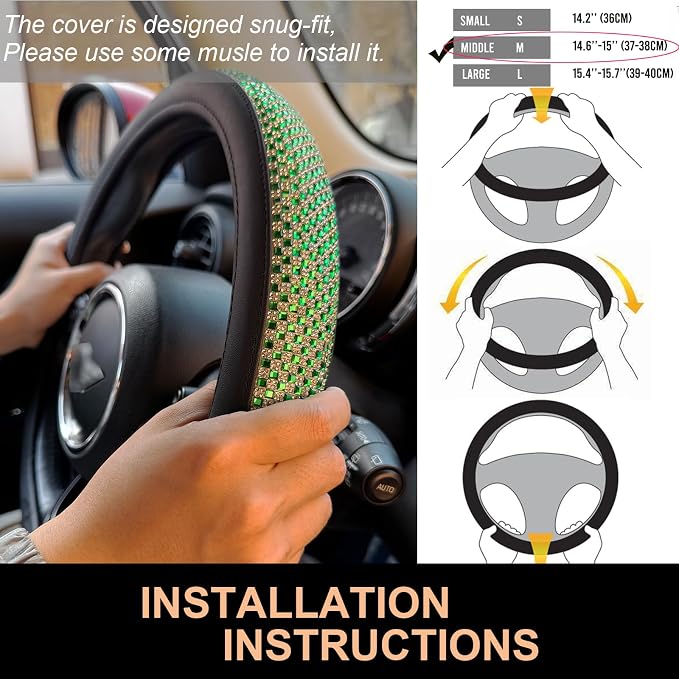 Bling Bling Comfy Steering Wheel Cover with Jumbo Crystal Rhinestones, Anti-Slip Diamond Leather, Universal 15 Inch (Vivid Green)
