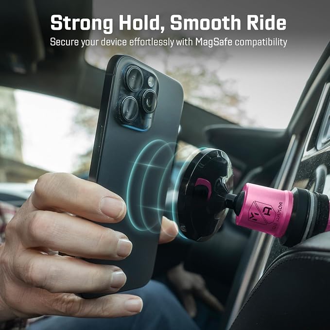 MobNetic Maxx MS - MagSafe Compatible Car Phone Mount w/ 90º Tilt, 360º Rotation & Durable Aluminum Build, Magnetic Holder for iPhone & Android Devices, USA Assembled - Pink