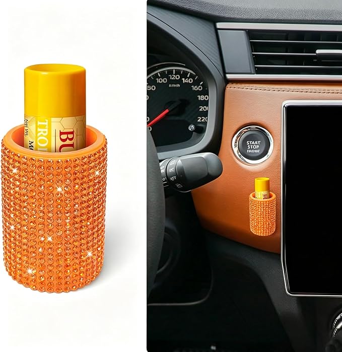 Upright Car Chapstick Holder, Bling Insulating Lip Balm Holder,Rhinestone Car Accessories for Women Interior,Suitable for Most Vehicles. (Orange)
