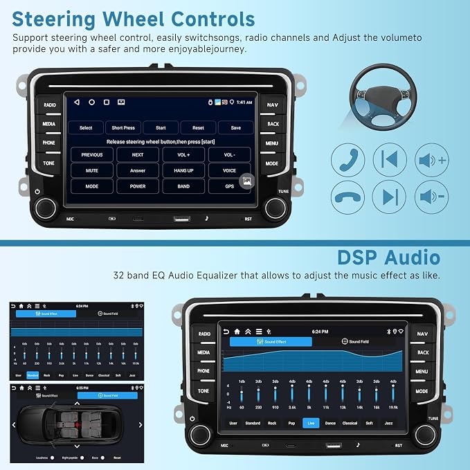 [Type-C+USB] 4G+64G Car Radio for VW Jetta Seat Passat Tiguan Golf Skoda with Wireless Carplay/Android Auto, 7 Inch IPS Touch Screen Car Stereo with Android 13 DSP Audio GPS WiFi Bluetooth