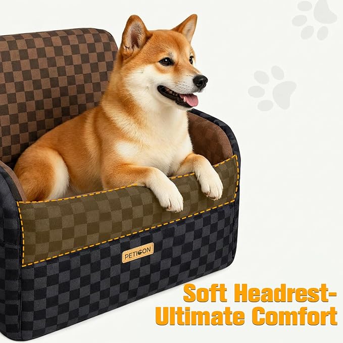 Waterproof Dog Car Seat for Small Medium Dogs, 5in Memory Foam Pet Booster Seat for Dogs up to 35 lbs with Pockets, Detachable Washable Pet Carseat with Y-Shape Safety Belt (Brown, Medium)