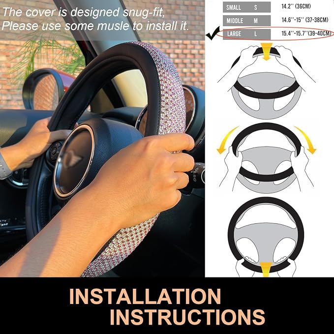 Large Size Bling Comfy Steering Wheel Cover with Jumbo Crystal Rhinestones, Anti-Slip Diamond Leather, 15.5-15.75 Inch (Pink)