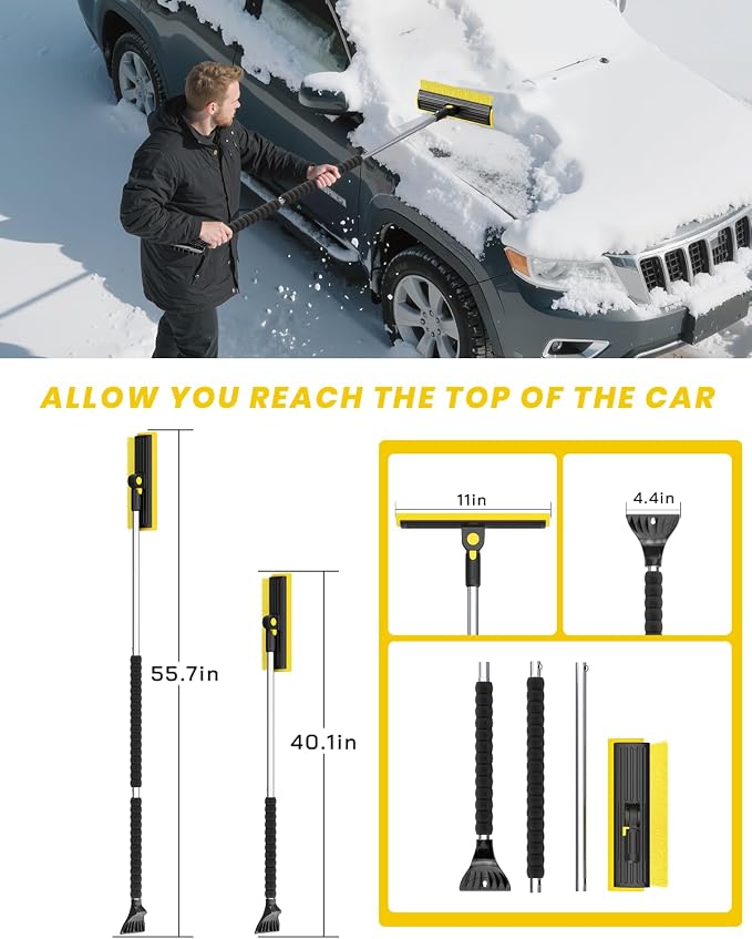 2025 Extra Long 55.7" Ice Scrapers for Car Windshield Multi-Functional Detachable Car Ice Scraper with Foam Grip and 270° Pivoting Brush Head Snow Brush for SUV Truck Auto(Yellow)