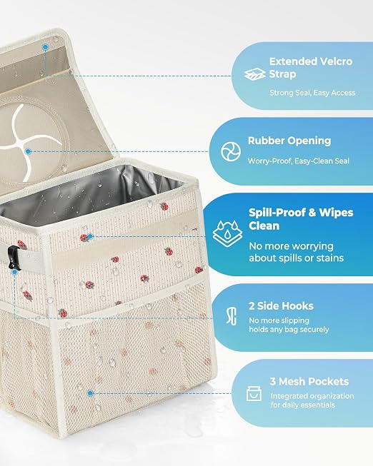 Corduroy Car Trash Can with Lid and Mesh Pockets - Leakproof Organizer,Multipurpose Waterproof Garbage Can/Trash Bin for Car(Beige/Red Strawberry Print-3 Gallons)
