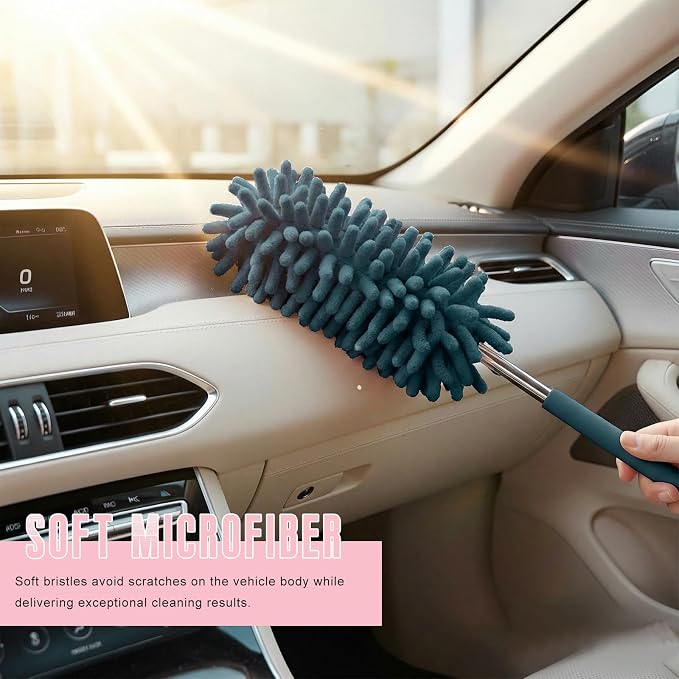2 PCS Car Interior Duster with Extension Pole, Stretchable Chenille Vehicle Dusters with Bendable Head, Scratch Free Dusters Soft Cleaning Tool for Car Exterior & Interior (Navy Blue)