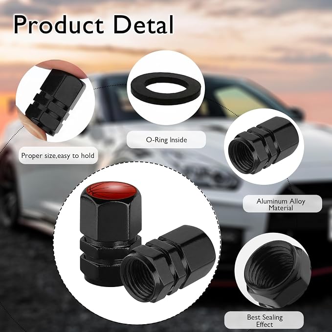 4Pack Basketball Tire Valve Caps Universal Tire Air Cap Valves Stem Covers | Aluminum Alloy Rust-Proof Valve Stem Caps, for Auto SUV Truck Motorcycle Bicycle, Basketball Gifts for Women Men Drivers