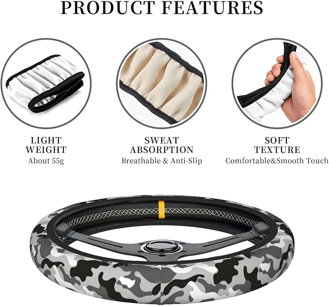Black Grey White Camo Camouflage Steering Wheel Cover for Women Men Girls Car Accessories Decor Anti-Slip Neoprene Auto Steering Wheel Covers Protector Universal 15 Inch