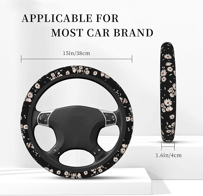 Black and White Daisies Elastic Steering Wheel Cover, Non-Slip Breathable Neoprene Steering Wheel Covers, Women Pink Car Accessories, Universal 15 Inch Fit Auto, Suvs, Truck