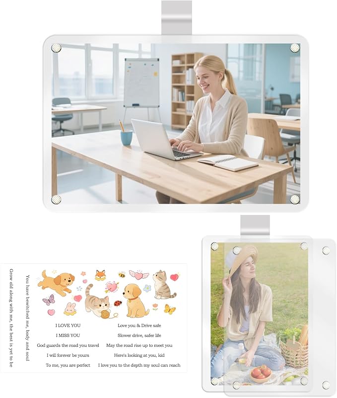 2Pcs Car Sun Visor Photo Folder, Meaningful Car Accessories for Women Acrylic Magnetic Visor Photo Clip for 3" & 4" Photos, Holiday Gifts Suitable for Gifting to Family & Friends