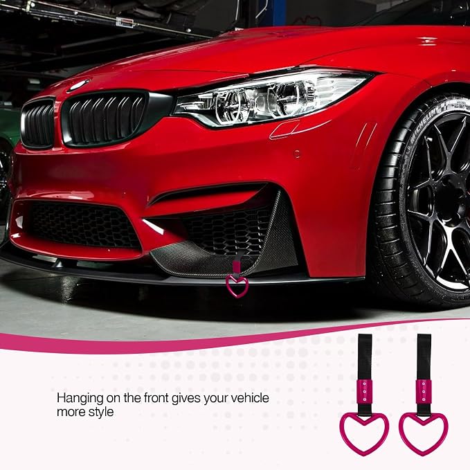 2PCS Heart Shaped Car Handle Straps, Rear Bumper Warning Keychain Ring for Car Exterior Accessories (Hot Pink)