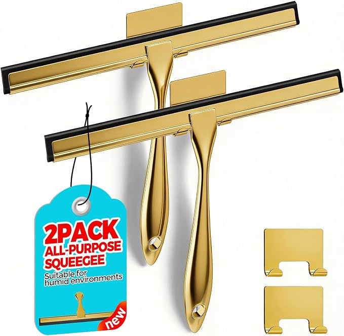 2pcs Shower Squeegee for Glass Doors with Adhesive Hanging Hook Set | 12” gold, bathroom accessories, window cleaner, new home essentials, soft rubber blade, metal handle, ergonomic grip
