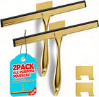 2pcs Shower Squeegee for Glass Doors with Adhesive Hanging Hook Set | 12” gold, bathroom accessories, window cleaner, new home essentials, soft rubber blade, metal handle, ergonomic grip