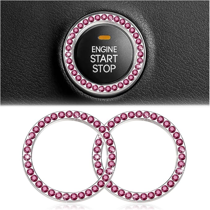 Bling Car Engine Start Ring Decals, 2PCS Crystal Rhinestone Vehicle Push Start Button Cover Sticker, Key Ignition Knob Ring, Sparkling Automotive Interior Accessories (Purple Red)