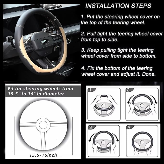 Microfiber Leather Steering Wheel Cover Large-Size for F150 F250 F350 Ram 4Runner Tacoma Tundra Range Rover Model S X with 15 1/2 inches-16 inches Outer Diameter Beige
