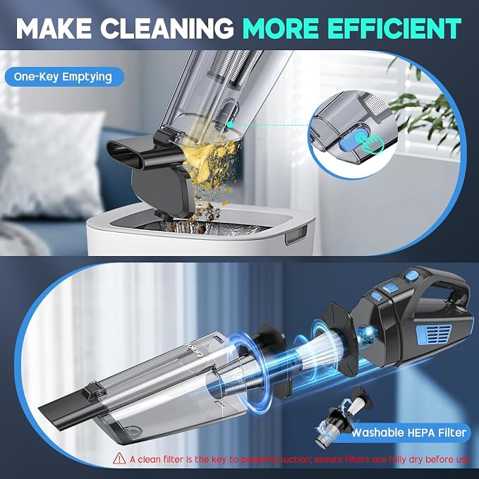 Handheld Vacuum Cordless, 15000PA Strong Suction Hand Held Car Vacuum Cleaner Portable with Multi-Nozzles & Washable Filter, Lightweight Rechargeable Vacuum Cleaner for Home, Car, Office, Pets