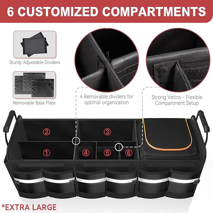 XL Heavy-Duty Trunk Organizer – Reinforced SUV & Truck Cargo Storage with 6 Adjustable Compartments, Trunk Organizer with Cooler, Collapsible Large Trunk Organizer for Car with Cover