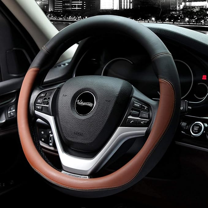 Microfiber Leather Steering Wheel Cover Large-Size for F150 F250 F350 Ram 4Runner Tacoma Tundra Range Rover Model S X with 15 1/2 inches-16 inches Outer Diameter (Brown)