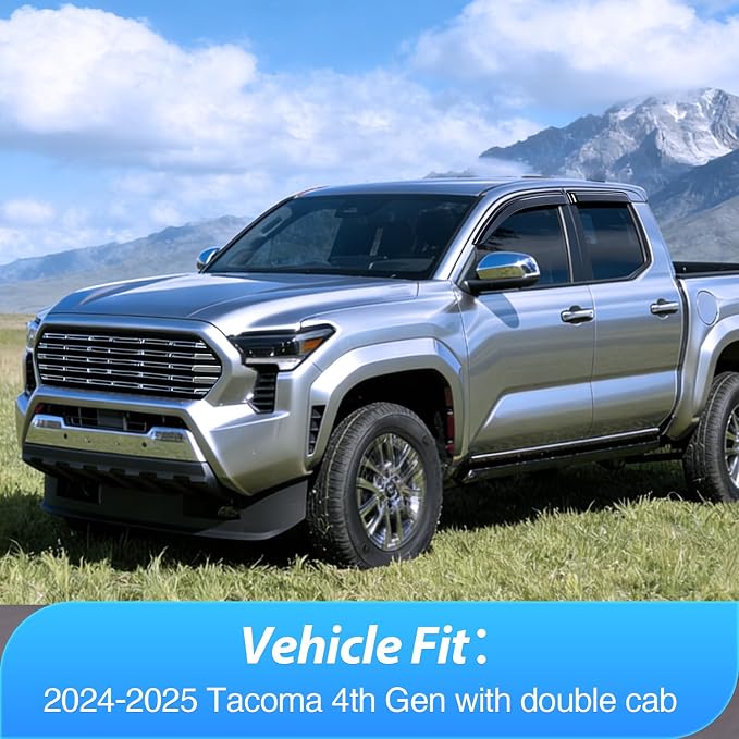 Window Visors for 2024-2025 Toyota Tacoma Double Cab 4th Gen, Tape-On Rain Guards Outside Mount Vent Visors Window Deflectors Smoke Tint, 4PCS