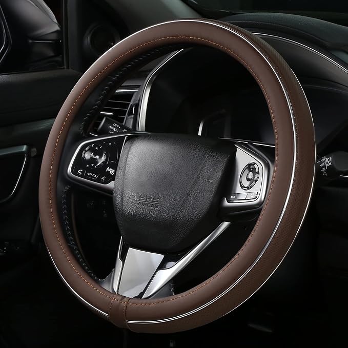 Brown Leather Steering Wheel Cover Fiber Strip Car Steering Wheel Cover Universal 15 inch for Men