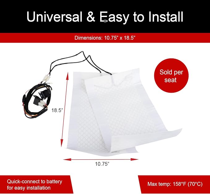 Tusk UTV Seat Heater Kit, Universal Fit - Heated Seat Pad System with Dual Temperature Settings, Wiring Harness and Switch, Fits Most UTV Machines