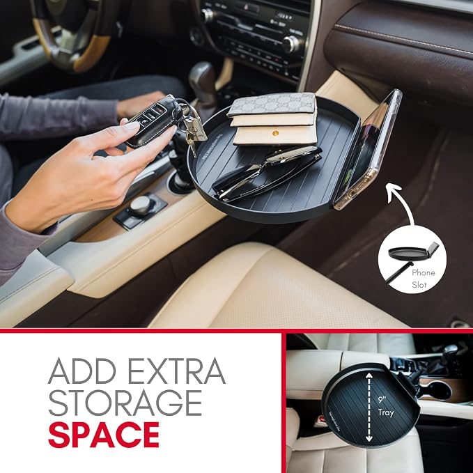 Cup Holder Tray for Car - Adjustable Car Tray Table - Perfect Car Food Tray for Eating with Phone Slot and Swivel Arm - Car Organizer