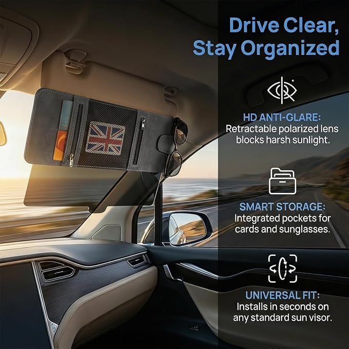 Craedli Car Sun Visor Extender Organizer, 2 in 1 Anti-Glare Sunshade with Magnetic Sunglasses Holder & Mesh Pouch, Multifunctional Adjustable Auto Interior Storage Accessories (BlackGray)