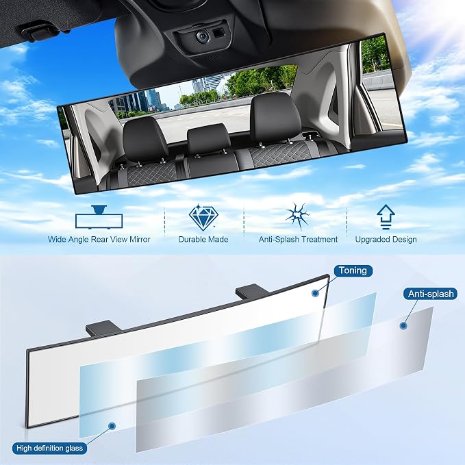 Interior Rearview Mirrors, Universal Panoramic Car Rear View Mirror Accessories, Wide Angle Reduce Blind Spot Effectively for Car, Jeep, Truck, Motorcycle, Tractor, ARB, ATV, SUV, RV