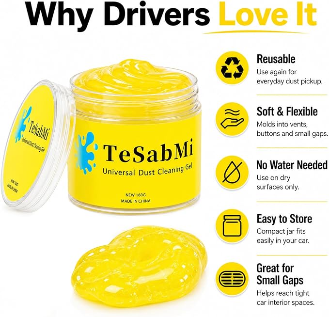 Car Cleaning Gel, Reusable Cleaning Putty for Vents & Gaps, 160g | For air vents, dashboard gaps, cup holders and console buttons; picks up dry dust, crumbs and lint. No water needed.