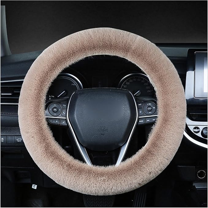 Fuzzy Steering Wheel Cover, 15 inch Soft Wool Fur Steering Wheel Protector, Fluffy Wheel Covers for Winter Warm, Car Interior Decoration Accessories for Women Men (Light Brown)