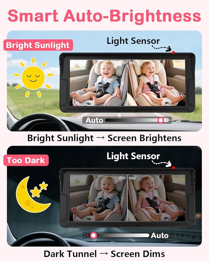 Dual Baby Car Camera for 2-Kids: 6.9'' HD Split Screen with Auto Brightness 1080P Backseat Camera for Twins Infrared Night Vision - 360° Adjustable USB Easy Setup Ideal for SUVs Minivans