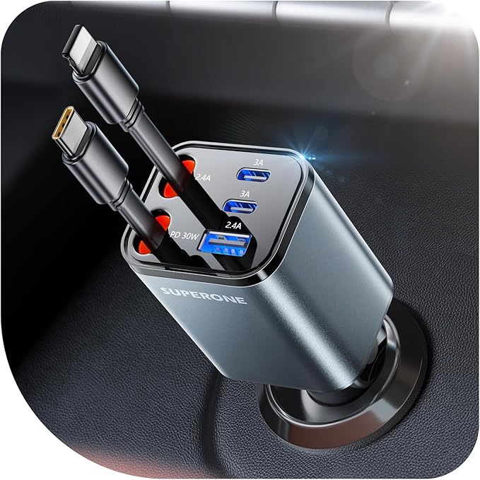 2026 Ultra-Compact Retractable Car Charger, 5 in 1 Car Phone Charger with USB C & Apple Cables, 84W Fast Charging USB C Car Accessories Adapter for iPhone 17/16/15/14/13, Galaxy, Pixel