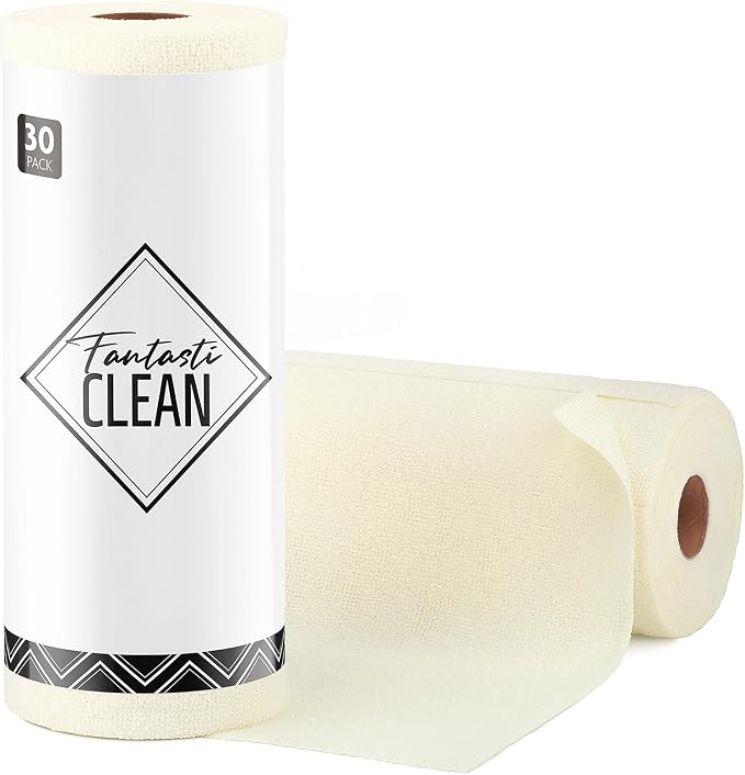 Microfiber Cleaning Cloth Roll- 30 Sheets, 12" x 12" (Beige) | Super Absorbent, Lint-free, Tear-away Microfiber Towel Roll, for All-Purpose Cleaning, Reusable Alternative to Paper Towels