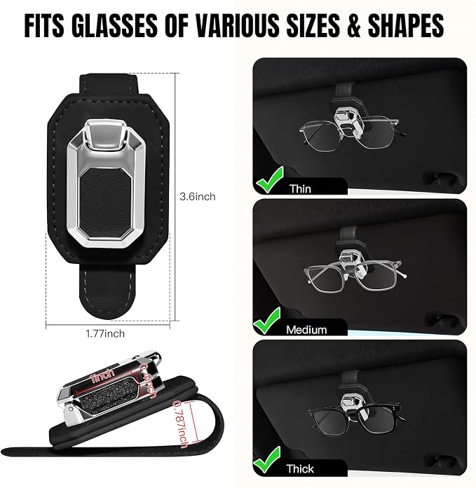 2PCS Sunglass Holder for Car Visor, Faux Leather Eyeglass Holder Clip for Car Sun Visor Organizer, Universal One Handed Operation Sun Glass Hanger, Car Interior Accessories for Women Man