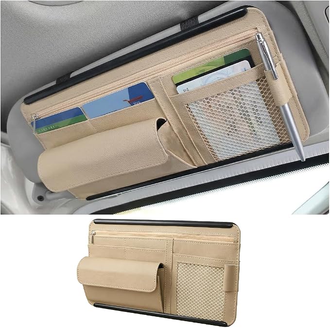 Car Sun Visor Organizer with Zipper Pocket, Multi-Pocket Vehicle Visor Storage Pouch with Card Sleeve, Eyeglasses Holder Box, Auto Interior Sunvisor Organizer Pocket, Universal Fit (Beige)