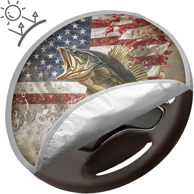 American Flag Bass Fishing Steering Wheel Cover Sun Shade Auto Interior Protector Car Steering Wheel Cover,Heat Reflector Fit Most Jumbo Standard Car