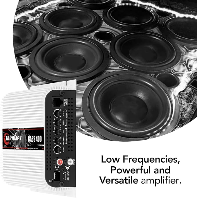 Bass 400 2 Ohms Monoblock Amplifier 400 Watts Rms 1 Channel 14.4VDC Out Power Full Range, Great for Sub/Bass - Rca/High Level Input, Car Audio