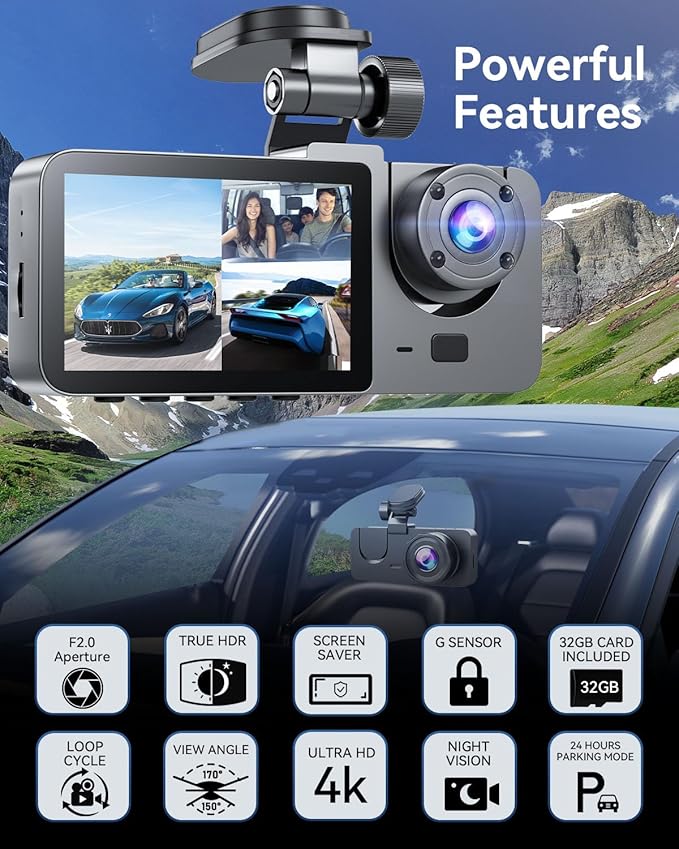 Dash Cam Front and Rear Inside 3 Channel, 4K+1080P Dash Camera for Cars | App Control, 2” IPS Screen, G-Sensor, Loop Recording, Night Vision, 170°Wide Angle, Parking Monitor