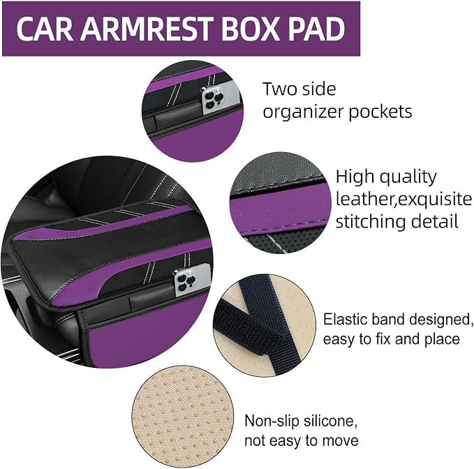 6 Pcs Purple Car Accessories Set, Sport Leather Steering Wheel Cover 14.5-15inch Universal, Leather Car Center Console Cover, Seat Belt Cushion, Cup Holder Coaster (Black-Purple)