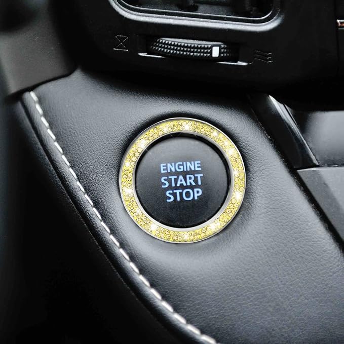 Car Bling Crystal Rhinestone Engine Start Ring Decals, 2 Pack Car Push Start Button Cover/Sticker, Key Ignition Knob Bling Ring, Sparkling Car Interior Accessories for Women (Double Yellow)