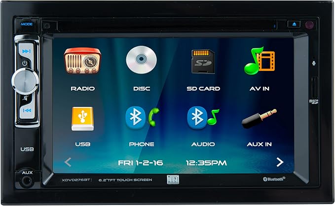 XDVD276BT 6.2" LCD Touch Screen Double Din Car Stereo, Black, One Size