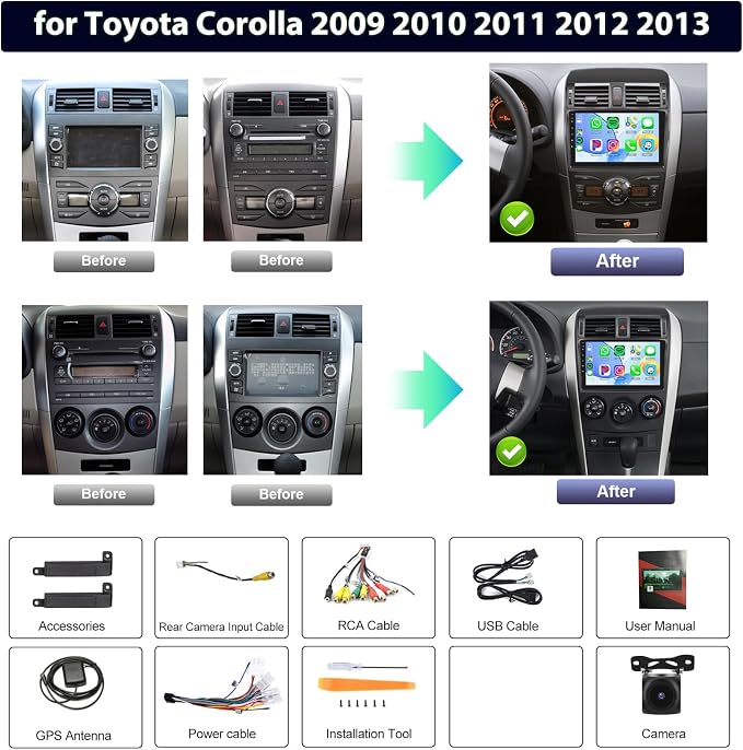 8Core 8G+128G for Toyota Corolla 2009-2013 Android 15 Car Stereo Carplay Android Auto, 9 Inch QLED capacitive Screen with Bluetooth 5.0 FM/AM/RDS DSP-36 GPS WiFi Mirror Link Backup Camera
