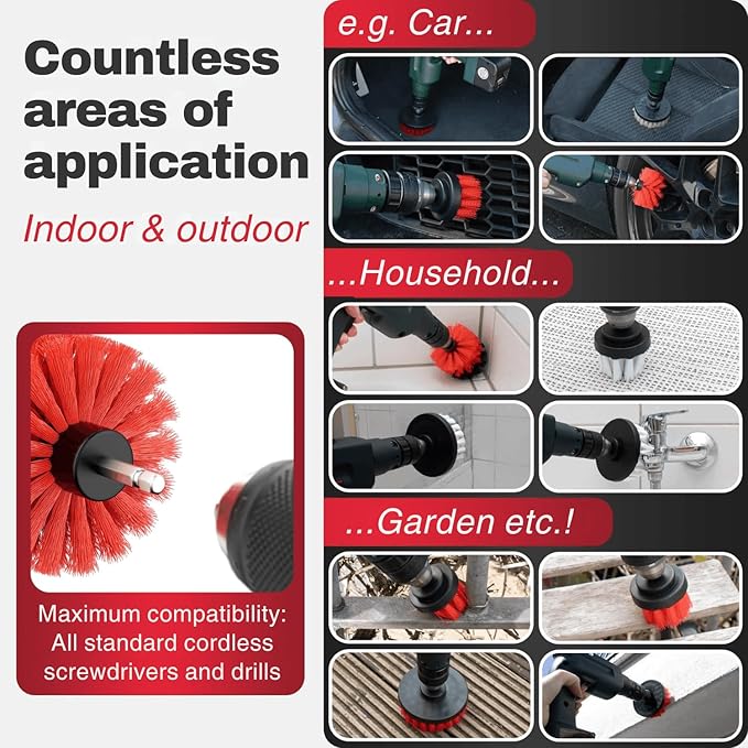 Drill Brush Attachments for Cleaning [Set of 6] Universally Cleans Cars, Rims, Upholstery, Tiles, and More I Brush Drill Attachment for Cleaning I Drill Brush for Car Detailing (Red)