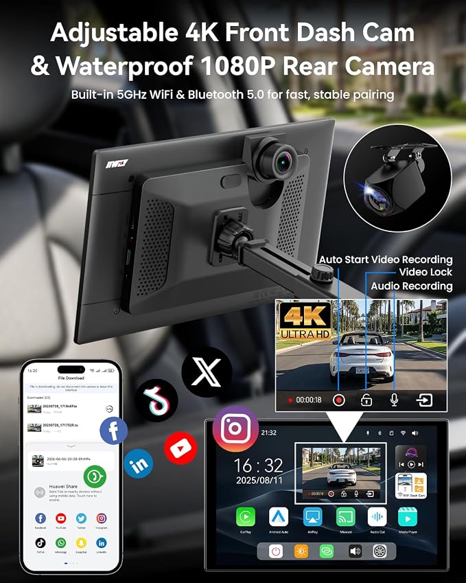11'' Wireless CarPlay & Android Auto Screen for Car, Full Laminated HD Touchscreen, 4K Dash Cam, 1080P Rear Camera, 5GHz WiFi, Bluetooth 5.0, FM/AUX, Phone Mirroring, Voice Control, 64GB Card Included