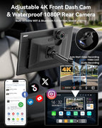 11'' Wireless CarPlay & Android Auto Screen for Car, Full Laminated HD Touchscreen, 4K Dash Cam, 1080P Rear Camera, 5GHz WiFi, Bluetooth 5.0, FM/AUX, Phone Mirroring, Voice Control, 64GB Card Included